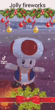 a toad is standing in front of a christmas tree with the caption jolly fireworks .