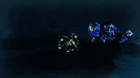a video game scene with a sword being thrown at a monster