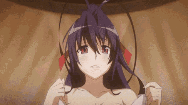 a girl with purple hair and red eyes is taking off her clothes
