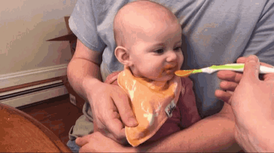 a baby wearing a bib with a deer on it is being fed by a man