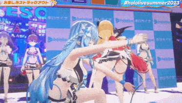 a group of anime girls are standing in front of a wall that says hololivesummer 2023
