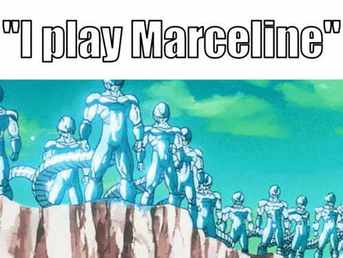 a group of metallic figures standing on top of a hill with the words " i play marceline " on the bottom