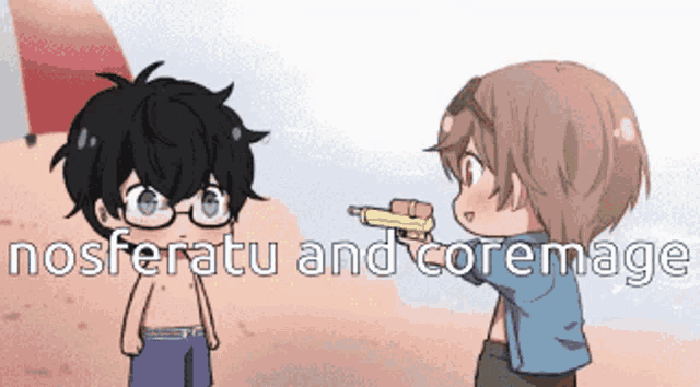 a cartoon of a boy pointing a gun at another boy with the words nosferatu and coremage written on the bottom