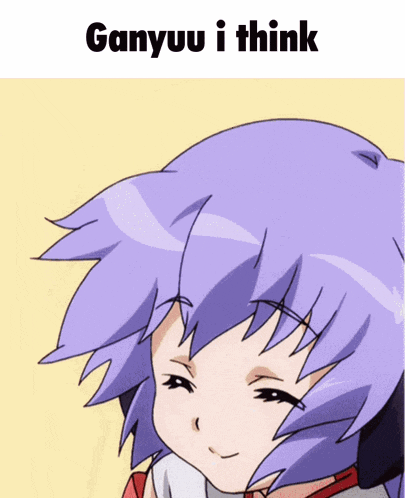 a picture of a girl with purple hair and the words ganyuu i think above her