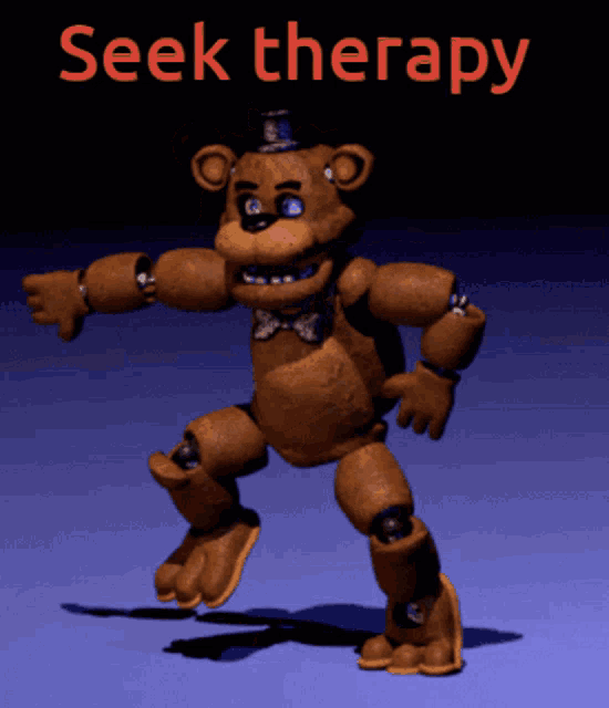 a picture of a teddy bear dancing with the words seek therapy above it
