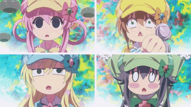 a collage of four pictures of anime girls with different facial expressions