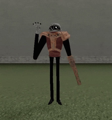 a cartoon character with very long legs and arms is standing on a grassy field .