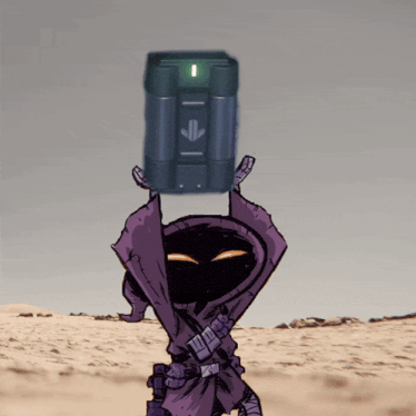 a cartoon character is holding a box on his head with an arrow pointing upwards