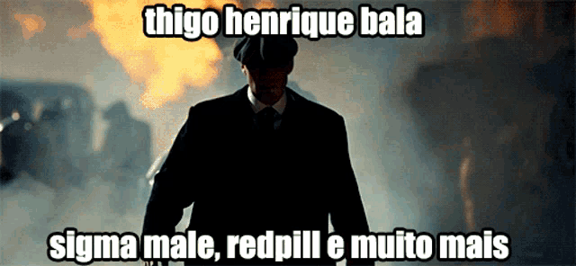 a man in a suit and tie is standing in front of a fire with a caption that says thiago henrique bala