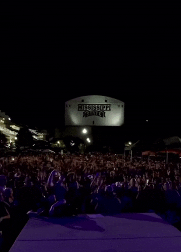 a large mississippi state sign hangs over a crowd at night