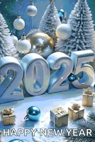 a happy new year greeting card with christmas decorations , gifts and trees .