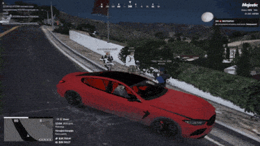 a screenshot of a video game shows a red car being chased by a group of men