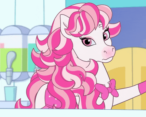 a pink and white cartoon pony with a bow