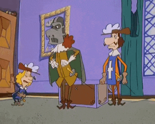 three cartoon characters are standing next to each other in a room with a purple wall .