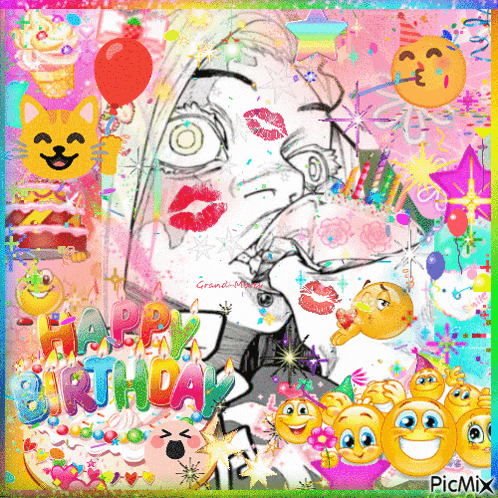 a picture of a girl with balloons and smiley faces with the words happy birthday