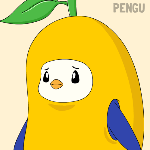 a cartoon penguin is wearing a yellow shirt that says " wait "
