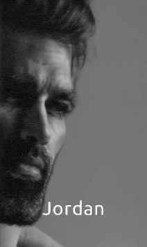 a black and white photo of a man with a beard and the name jordan