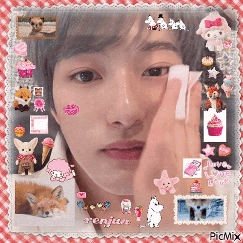 a picture of renjun is surrounded by stickers and icons