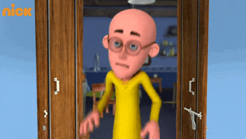 a cartoon character with glasses and a yellow shirt is standing in front of a door that says nick