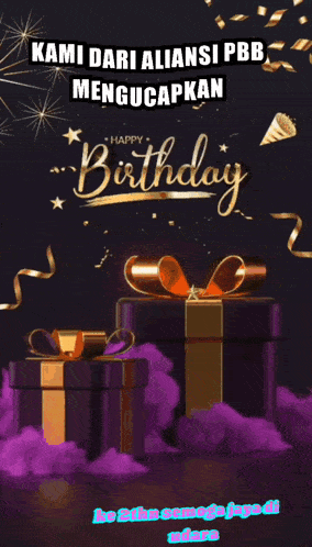 a happy birthday greeting card with purple presents