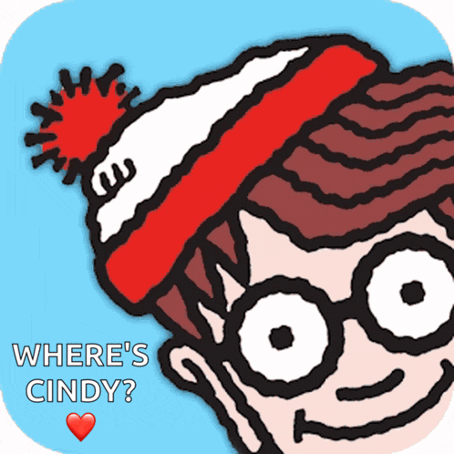 a cartoon character with glasses and a red hat with the words where 's cindy