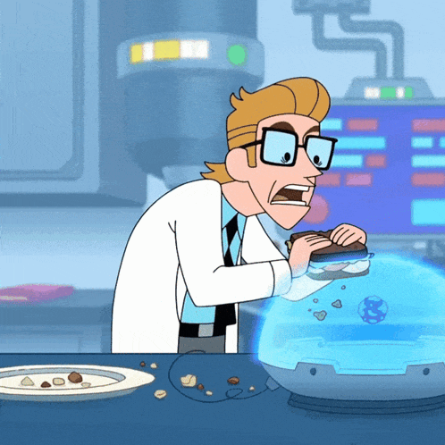 a cartoon of a man in a lab coat eating a sandwich with a globe in the background