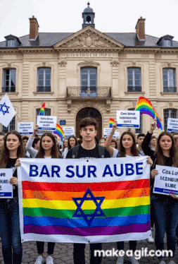 a group of people holding a rainbow flag and a sign that says bar sur aube