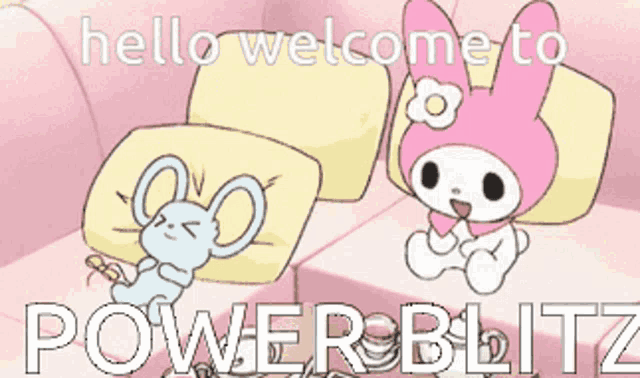 a hello welcome to powerblitz cartoon with a rabbit and a bunny