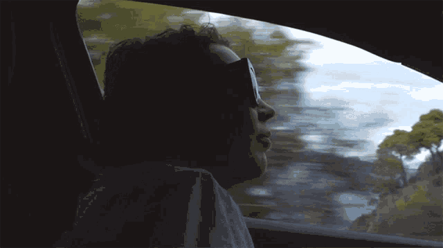 a woman wearing sunglasses looks out a car window