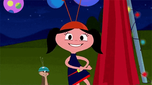 a cartoon girl is standing in front of a red curtain holding balloons .