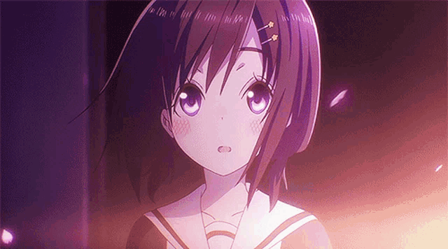a close up of a anime girl with purple eyes