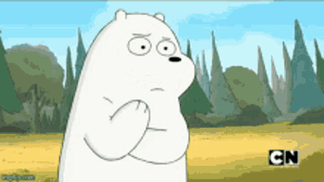 a cartoon character from we bare bears is standing in a field .
