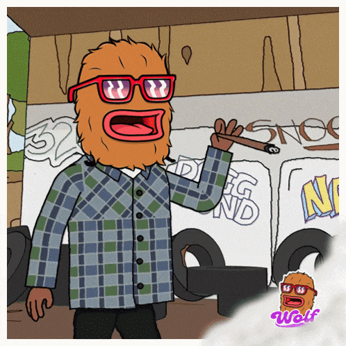 a cartoon character wearing glasses and a plaid shirt is smoking a cigarette in front of a van that says dogland
