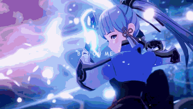 a girl with blue hair is holding a sword and the words " be on me " are written below her