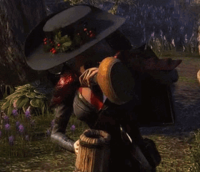 a woman in a hat is holding a barrel in her hand