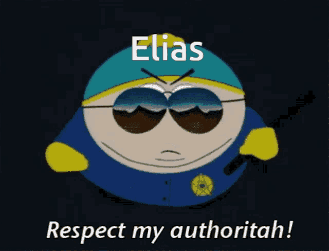 a cartoon character with the name elias on his head