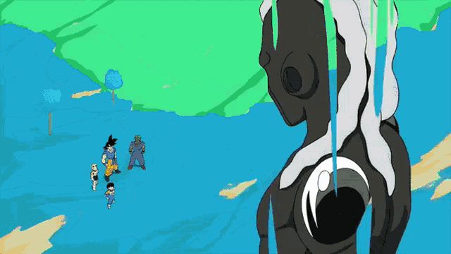 a group of cartoon characters including goku and piccolo are standing in front of a statue