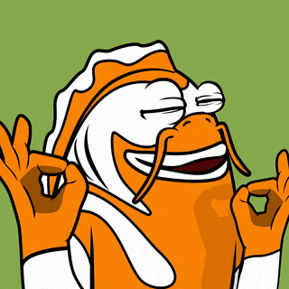 a cartoon drawing of an orange and white frog giving a thumbs up