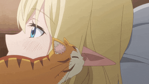 a blonde anime girl with a cat behind her ear