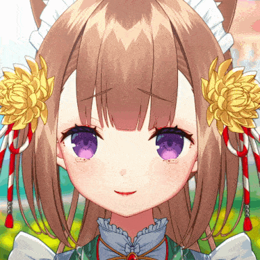 a close up of a girl with purple eyes