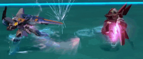 a robot is flying through the air with a purple light coming out of it