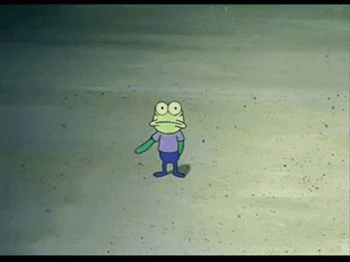 a frog from spongebob squarepants is standing on a beach .