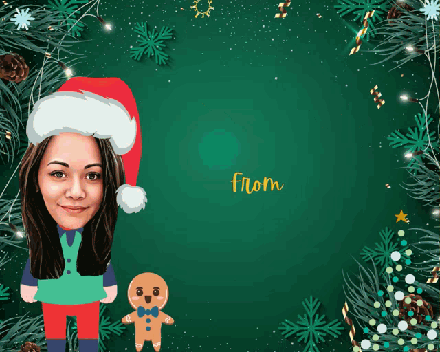 a woman in a santa hat is standing next to a gingerbread man and a christmas tree