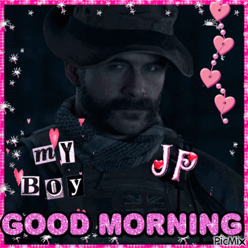 a picture of a man with the words " my boy jp good morning " written on it