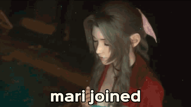 a video game character says mari joined in a dark background