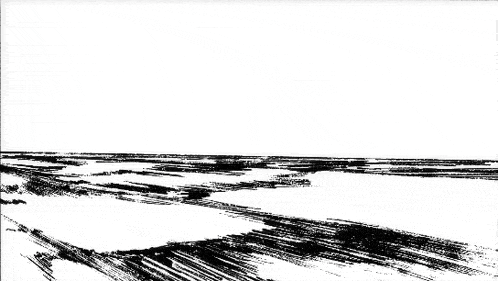 a black and white drawing of a forest with trees and a river .