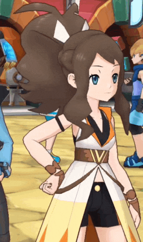 a girl with brown hair and blue eyes is wearing a white and orange outfit