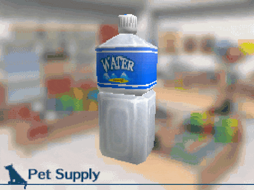 a pixelated image of a bottle of water with the word pet supply below it
