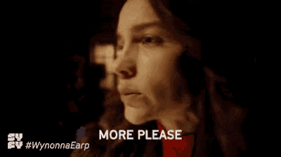 a close up of a woman 's face with the words `` more please '' written above her .