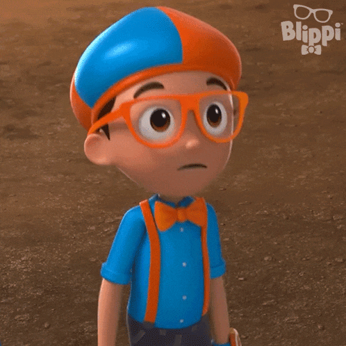 a blippi boy covering his mouth with his hand